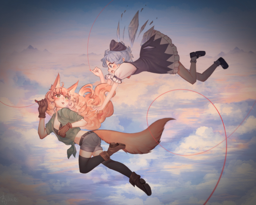 2girls :p above_clouds ahoge animal_ears ankle_boots arm_garter artist_name belt black_footwear black_legwear blue_bow blue_eyes blue_hair blurry blush bobby_socks boots bow breasts brown_footwear brown_gloves cirno clouds cloudy_sky commentary curly_hair day dress fang floating_hair flying fox fox_ears fox_tail frilled_dress frills full_body gloves green_eyes hair_bow hands_up highres ice ice_wings kitsu_(user_aedc3374) leg_up long_hair looking_at_another mary_janes midriff mountain multiple_girls navel open_clothes open_shirt orange_hair original outdoors outstretched_arm profile puffy_sleeves reaching red_string shirt shoes short_hair shorts signature sky small_breasts socks string tail thigh-highs tied_shirt tongue tongue_out touhou white_legwear wings