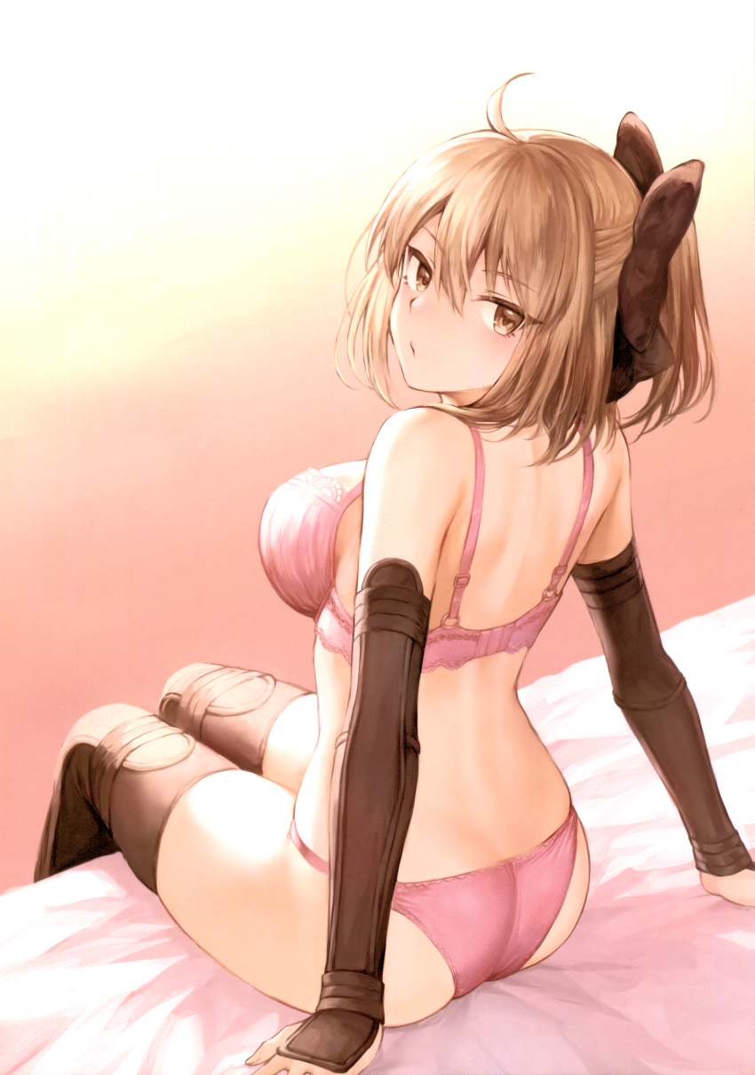 1girl absurdres ahoge arm_guards arm_support ass back bangs bare_back bare_shoulders bed_sheet black_bow black_legwear blonde_hair blush bow bra breasts closed_mouth eyebrows_visible_through_hair fate/grand_order fate_(series) from_behind gradient gradient_background hair_bow half_updo highres koha-ace lace lace-trimmed_bra lingerie looking_at_viewer looking_back mashu_003 medium_breasts okita_souji_(fate) okita_souji_(fate)_(all) on_bed panties pink_bra pink_panties ponytail scan short_hair sitting solo thigh-highs tsurime underwear underwear_only yellow_eyes