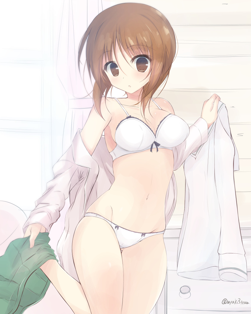1girl ass_visible_through_thighs bangs bedroom blouse blouse_removed bow bow_bra bow_panties bra breasts brown_eyes brown_hair chest_of_drawers cleavage commentary crotch_seam dressing eyebrows_visible_through_hair getsumen_suibaku_ver._a(c) girls_und_panzer green_skirt highres holding holding_clothes indoors leg_up long_sleeves looking_at_viewer miniskirt nishizumi_miho off_shoulder ooarai_school_uniform pajamas panties parted_lips pleated_skirt pulled_by_self school_uniform serafuku short_hair skirt skirt_pull solo standing twitter_username underwear underwear_only undressing white_blouse white_bra white_panties