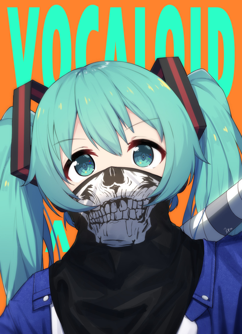 1girl alternate_costume aqua_eyes aqua_hair bandanna bangs baseball_bat blue_jacket copyright_name covering_mouth denim denim_jacket eyebrows_visible_through_hair hair_ornament hatsune_miku highres jacket long_hair open_clothes open_jacket orange_background signature simple_background skull_print solo twintails upper_body vocaloid zhayin-san