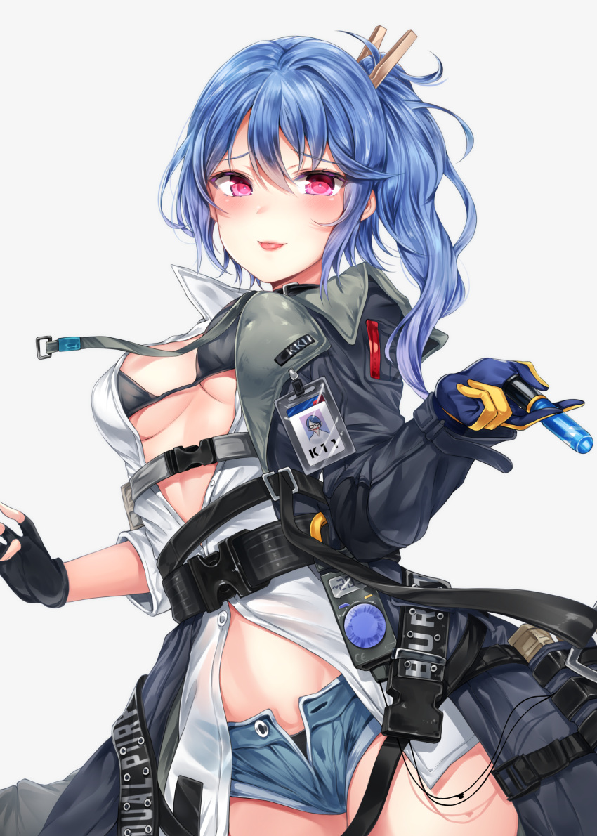 1girl :p absurdres asymmetrical_gloves bangs bikini black_bikini black_gloves blue_shorts blush breasts clothes_pin coat collarbone cowboy_shot dress explosive eyebrows eyebrows_visible_through_hair fingerless_gloves girls_frontline gloves grenade grey_background grey_coat hair_between_eyes highres holding_grenade jewelry k11_(girls_frontline) leather_choker long_hair long_shirt long_sleeves looking_at_viewer medium_breasts messy_hair midriff multiple_straps name_tag open_clothes open_coat painteen parted_lips see-through shirt short_shorts shorts side_ponytail sidelocks simple_background single_fingerless_glove skindentation smile solo stomach swimsuit tongue tongue_out trench_coat unbuttoned_pants white_shirt