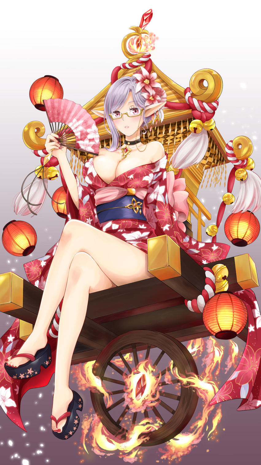 1girl bare_shoulders black_choker breasts check_copyright choker cleavage earrings eldis_(teria_saga) elf fan fire floral_print flower folding_fan fuurinrin5 gem glasses grey_background hair_flower hair_ornament hand_up highres japanese_clothes jewelry jinge_bell kimono large_breasts legs_crossed looking_at_viewer nail_polish paper_fan parted_lips pointy_ears red_kimono red_nails silver_hair sitting solo teria_saga toenail_polish wagon