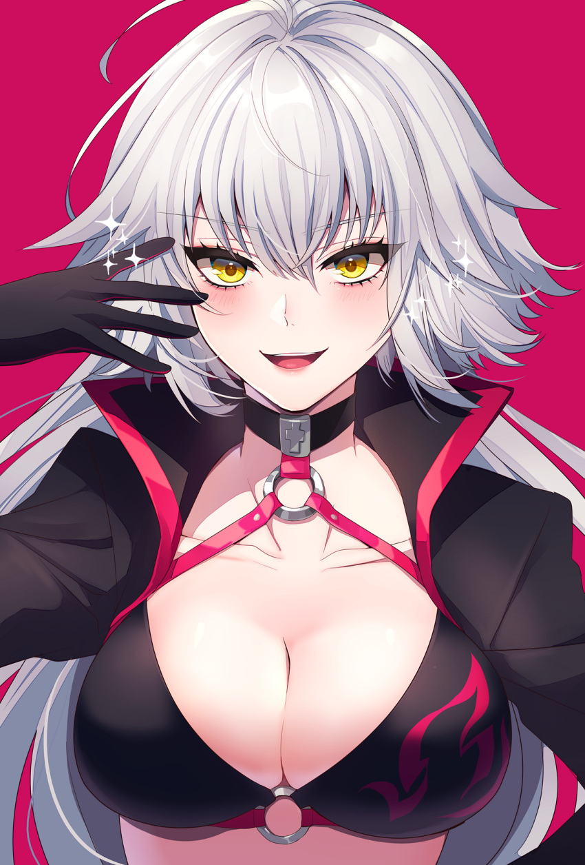 1girl :d ahoge bangs bikini black_bikini black_choker black_gloves black_jacket blush breasts choker cleavage collarbone commentary_request cropped_jacket eyebrows_visible_through_hair facing_viewer fate/grand_order fate_(series) gloves hair_between_eyes high_collar highres jacket jeanne_d'arc_(alter_swimsuit_berserker) jeanne_d'arc_(fate)_(all) large_breasts long_hair looking_at_viewer neko-san_(dim.dream) o-ring o-ring_bikini o-ring_top open_mouth shiny silver_hair smile sparkle swimsuit yellow_eyes