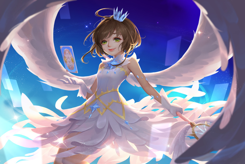 1girl brown_hair card_captor_sakura clow_card crown detached_collar dress feather_trim feathered_wings flat_chest flying gem gloves green_eyes highres jz kinomoto_sakura lens_flare lips magical_girl mini_crown nose outstretched_hand short_hair sky smile solo staff star_(sky) starry_sky white_dress white_gloves white_wings wings yume_no_tsue