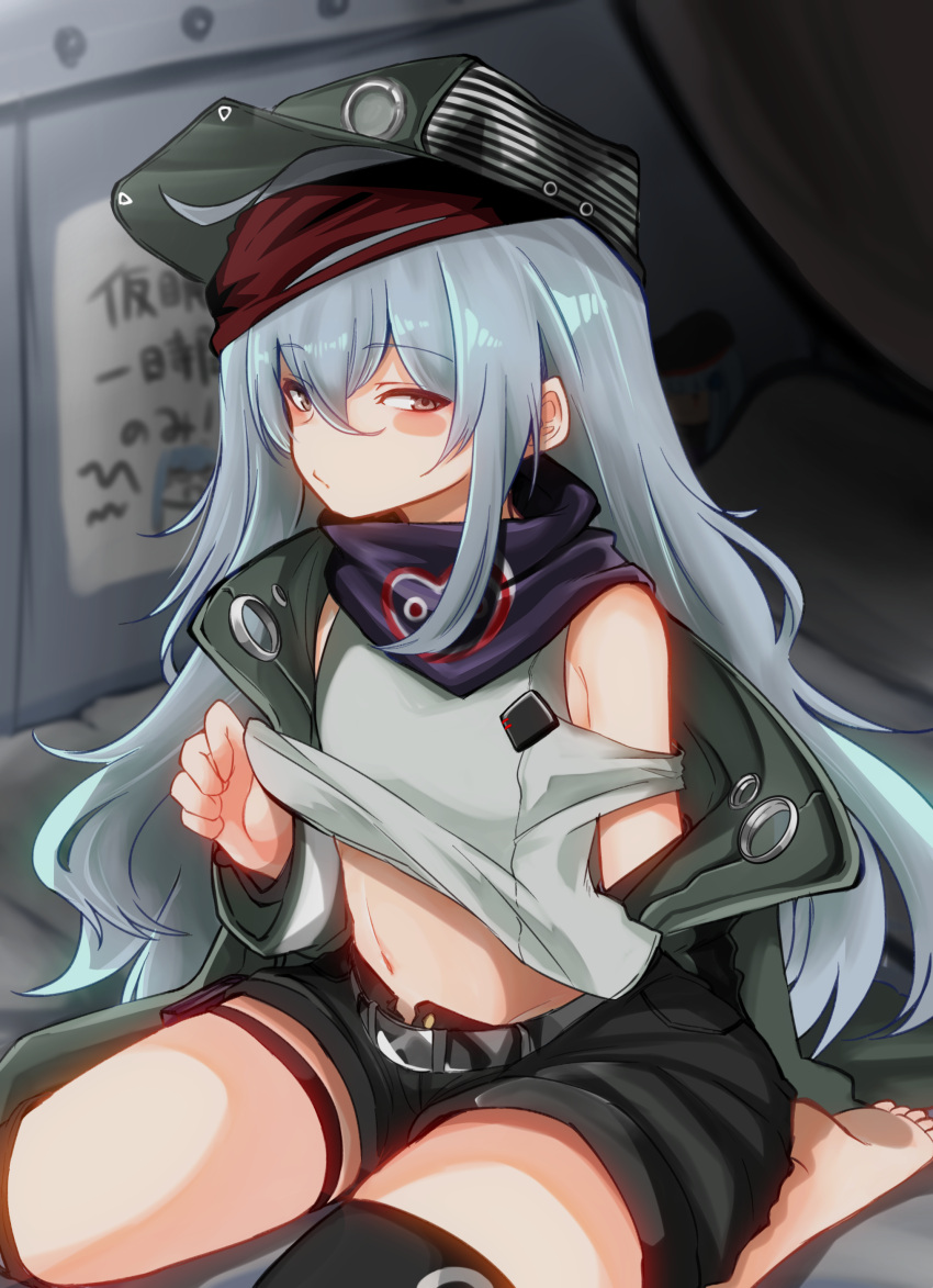 10eki_(tenchou) 1girl absurdres bangs bare_shoulders barefoot belt black_shorts blurry blurry_background blush brown_eyes coat eyebrows_visible_through_hair g11_(girls_frontline) girls_frontline green_coat grey_shirt groin hair_between_eyes hat highres jacket lifted_by_self long_hair long_sleeves looking_at_viewer navel no_shoes oof_shoulder open_clothes open_coat pouty_lips scarf scarf_on_head shirt shirt_lift shorts shoulder_cutout silver_hair single_knee_pad sitting solo stomach thigh-highs thigh_strap thighs unbuttoned_pants very_long_hair wariza