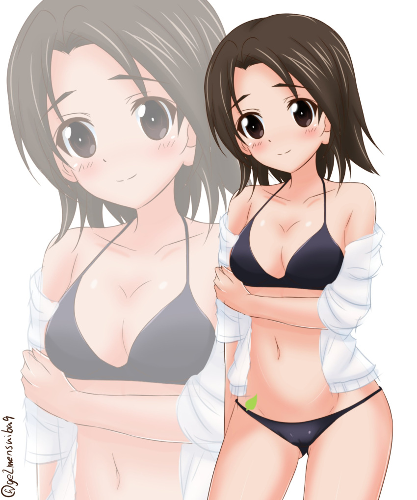 1girl absurdres ass_visible_through_thighs bangs bikini black_bikini breasts brown_eyes brown_hair closed_mouth commentary cowboy_shot eyebrows_visible_through_hair getsumen_suibaku_ver._a(c) girls_und_panzer highres leaning_forward looking_at_viewer off_shoulder open_clothes open_shirt parted_bangs sawa_azusa see-through shirt short_hair short_sleeves small_breasts smile solo standing swimsuit twitter_username white_shirt zoom_layer