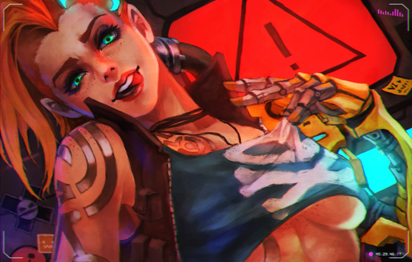 1girl absurdres bare_shoulders breasts brown_hair green_eyes highres jacket jewelry jinx_(league_of_legends) league_of_legends looking_at_viewer mechanical_arm monori_rogue necklace odyssey_jinx prosthesis prosthetic_arm under_boob