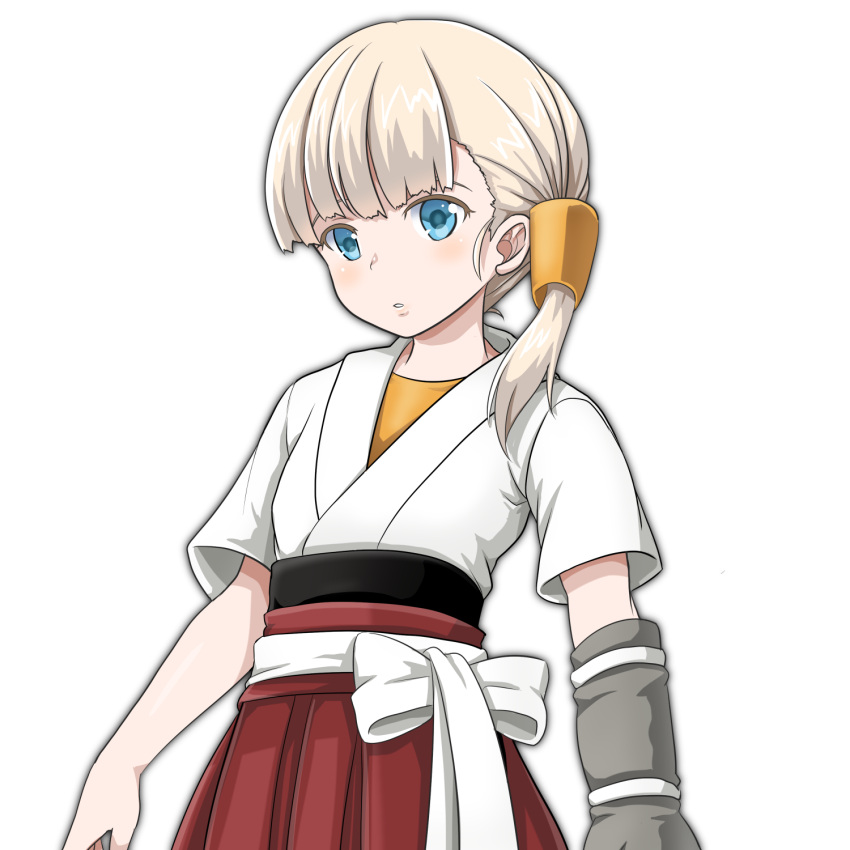 1girl blonde_hair blue_eyes blush eyebrows_visible_through_hair gloves grey_gloves hakama hakama_skirt highres japanese_clothes kantai_collection looking_at_viewer medium_hair open_mouth red_hakama shin'you_(kantai_collection) shirt short_sleeves side_ponytail simple_background solo tk8d32 white_background yellow_shirt