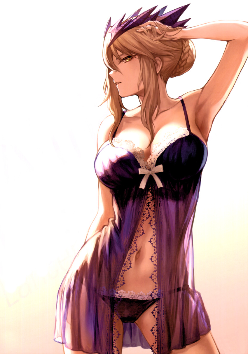 1girl absurdres arm_up armpits artoria_pendragon_(all) artoria_pendragon_(lancer_alter) babydoll bare_shoulders blonde_hair braid breasts collarbone double_bun fate/grand_order fate_(series) french_braid hair_between_eyes hand_in_hair highres lace lace-trimmed_panties large_breasts lingerie long_hair looking_at_viewer mashu_003 open_mouth panties parted_lips scan sidelocks simple_background solo standing underwear yellow_eyes
