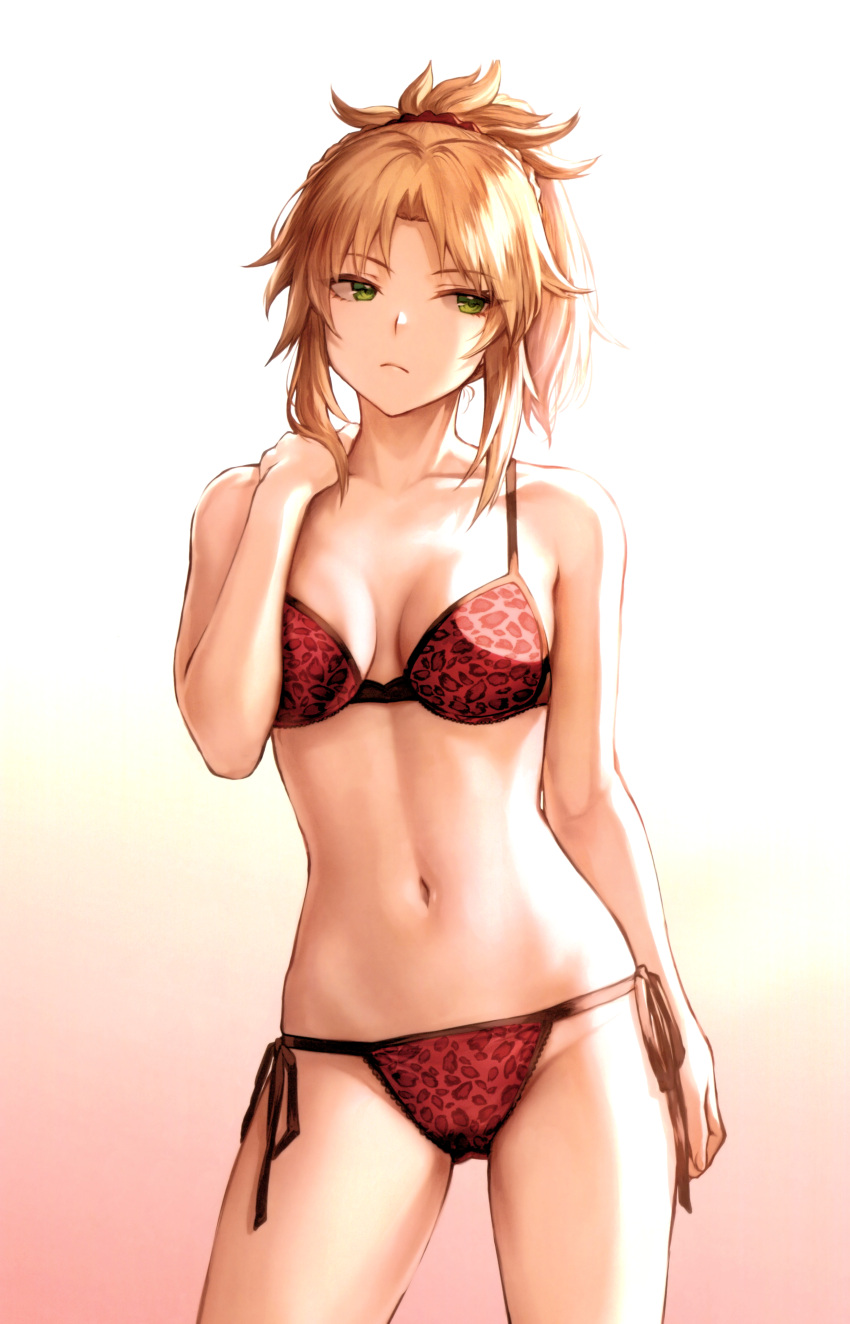 1girl absurdres animal_print arm_at_side blonde_hair bra braid breasts closed_mouth collarbone contrapposto cowboy_shot crown_braid eyebrows_visible_through_hair fate/apocrypha fate_(series) frown gradient gradient_background green_eyes hand_up highres leopard_print looking_away mashu_003 medium_breasts mordred_(fate) mordred_(fate)_(all) navel panties ponytail print_bra print_panties red_bra red_panties scan side-tie_panties sidelocks simple_background solo standing underwear
