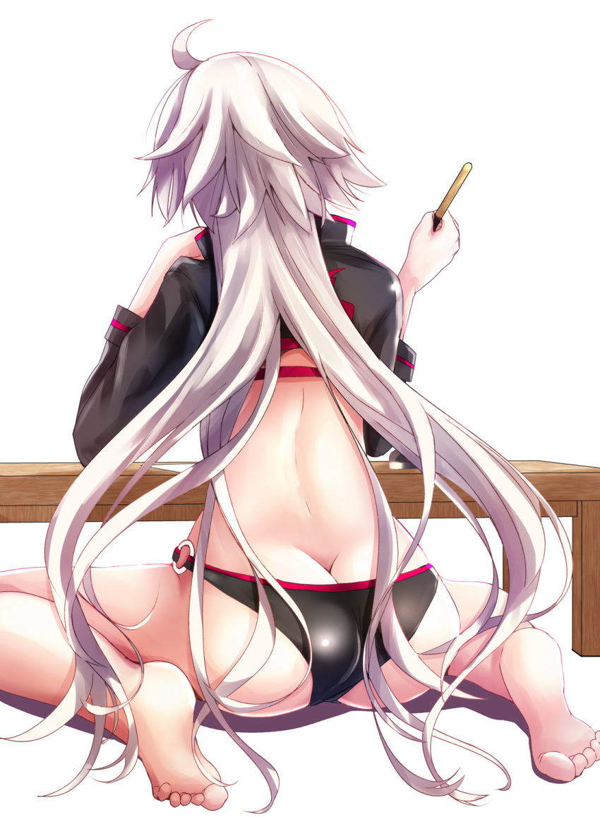 1girl ahoge ass barefoot bikini butt_crack fate/grand_order fate_(series) feet from_behind highres jeanne_d'arc_(alter)_(fate) jeanne_d'arc_(alter_swimsuit_berserker) jeanne_d'arc_(fate)_(all) long_hair rikudou_inuhiko sitting solo swimsuit very_long_hair wariza white_background white_hair