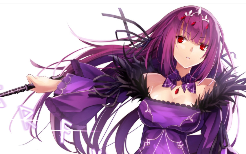 1girl bangs bare_shoulders black_ribbon breasts cleavage commentary_request detached_collar dress eyebrows_visible_through_hair fate/grand_order fate_(series) fur_trim gem hair_ribbon highres holding large_breasts long_hair long_sleeves looking_at_viewer minamina off-shoulder_dress off_shoulder parted_lips purple_dress purple_hair red_eyes ribbon scathach_(fate)_(all) scathach_skadi_(fate/grand_order) sidelocks simple_background solo tiara v-shaped_eyebrows white_background wide_sleeves