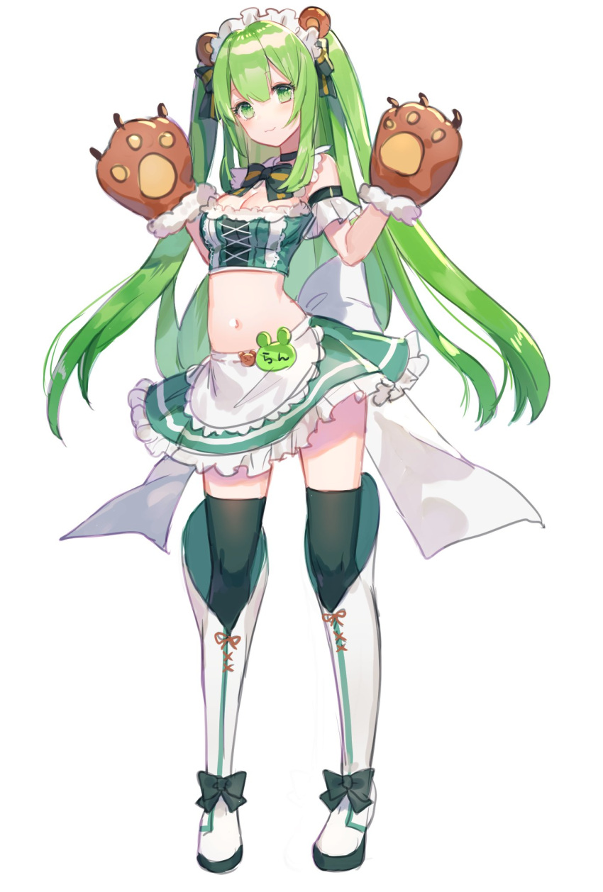 1girl animal_ears apron bear_ears bear_paws black_footwear black_legwear boots bow bowtie breasts brown_gloves choker cleavage crop_top floating_hair frilled_apron frilled_skirt frills full_body fur_trim gloves green_eyes green_hair green_ribbon hair_ribbon highres knee_boots long_hair maid_headdress medium_breasts midriff miniskirt navel original paw_gloves paws ribbon shiny shiny_hair simple_background skirt smile solo standing stomach thigh-highs twintails very_long_hair waist_apron white_apron white_background white_footwear ymymssy zettai_ryouiki
