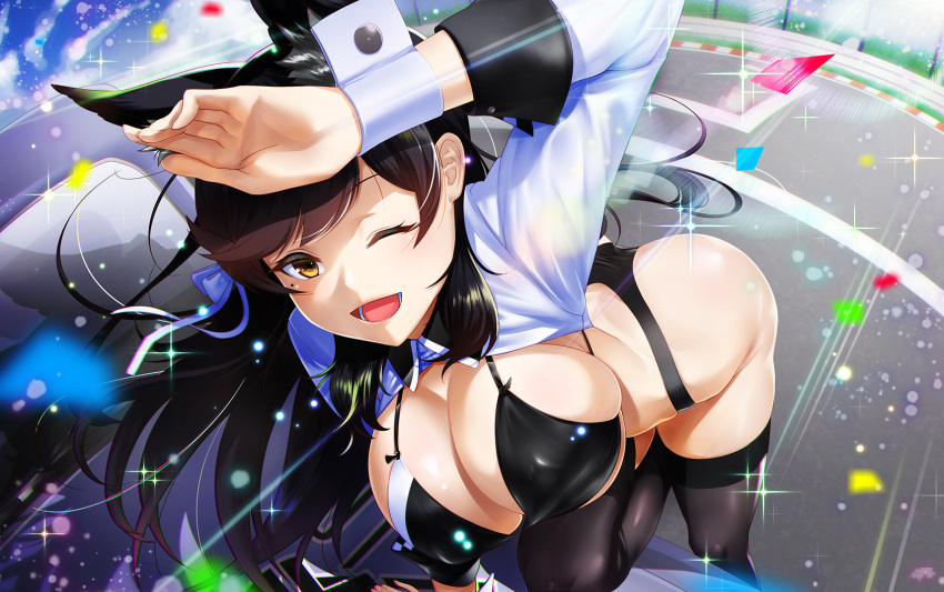1girl ;d animal_ears atago_(azur_lane) azur_lane bikini black_hair black_legwear breasts cleavage commentary_request highres kagiyama_(gen'ei_no_hasha) large_breasts leaning_forward long_hair looking_at_viewer mole one_eye_closed open_mouth racequeen sideboob sleeve_cuffs smile solo swimsuit thigh-highs yellow_eyes