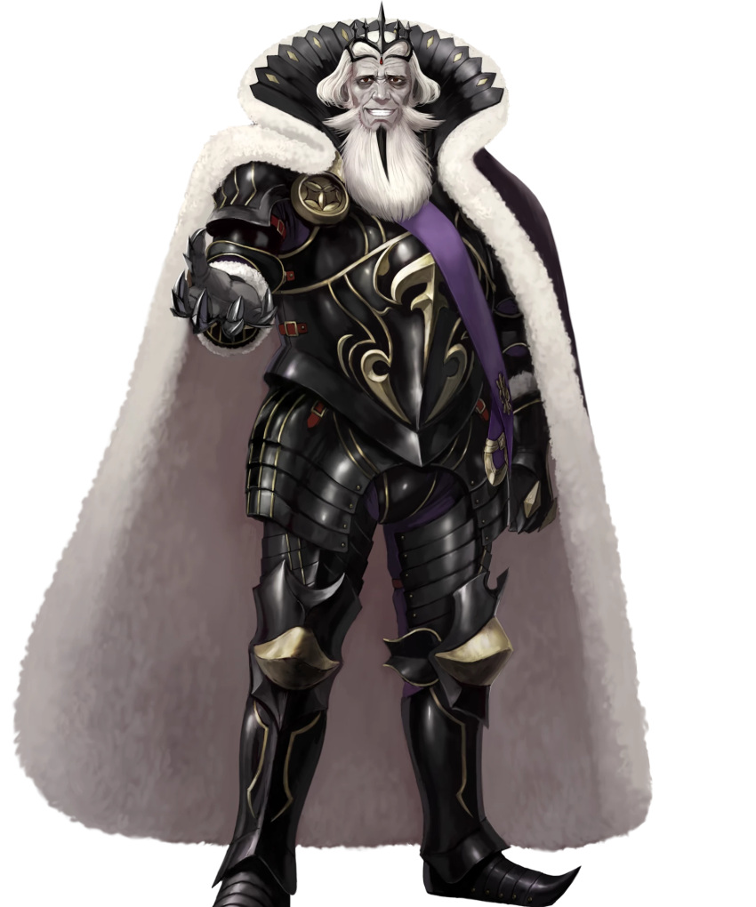 1boy armor armored_boots beard black_armor black_footwear boots cape collar collared_cape creepy_eyes crown evil_grin evil_smile facial_hair fire_emblem fire_emblem_heroes fire_emblem_if fur_cape garon_(fire_emblem_if) gauntlets greaves grey_hair grin highres ippei_soeda long_beard looking_at_viewer male_focus nintendo official_art old_man pants pointed_boots purple_pants red_eyes sash smile solo teeth wrinkled_skin wrinkles