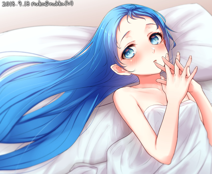 1girl bed blue_eyes blue_hair blush breasts highres kantai_collection long_hair looking_at_viewer lying nuka_(nvkka) open_mouth pillow samidare_(kantai_collection) small_breasts solo