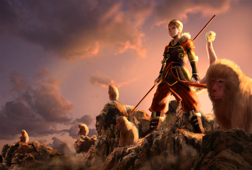 1boy armor blonde_hair boku_no_hero_academia boots clenched_hand clouds highres holding holding_staff male_focus monkey ojiro_mashirao outdoors rock scenery solo staff standing tail twilight yuu_choko