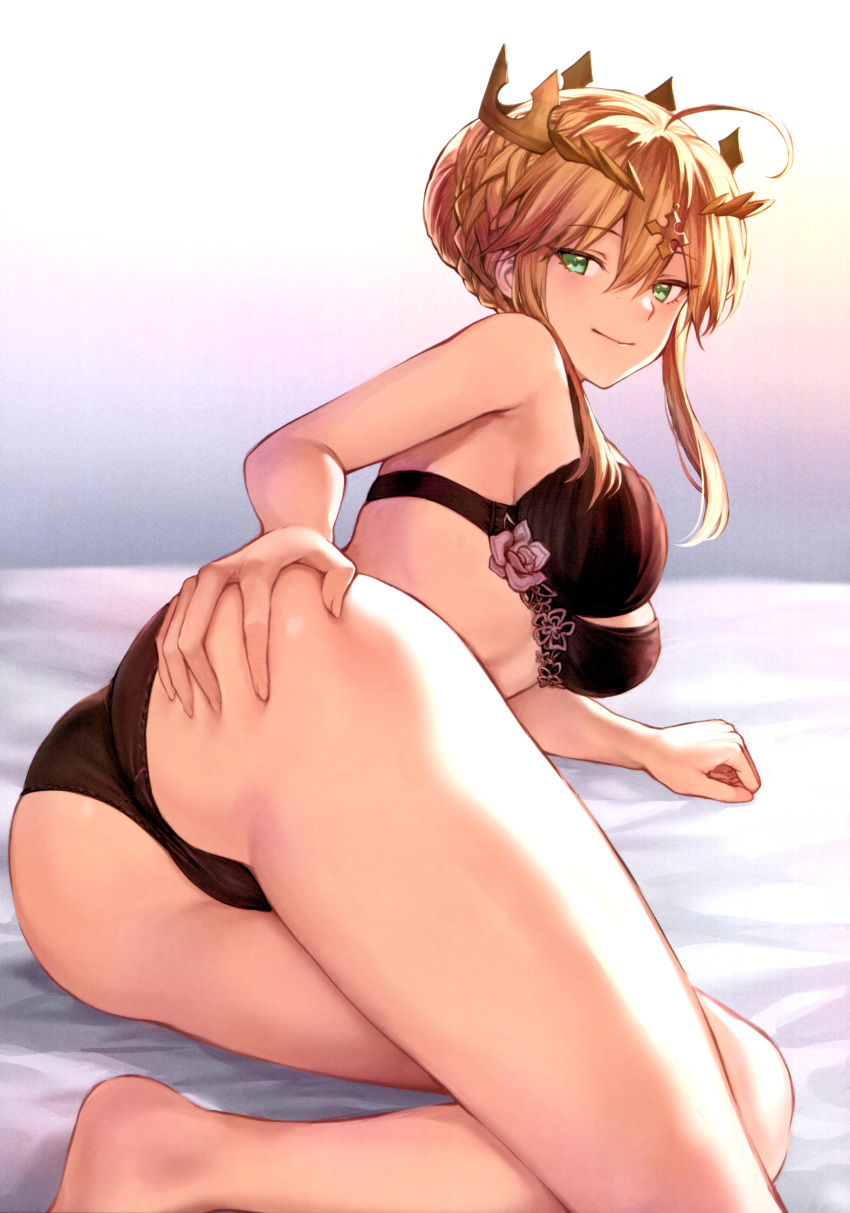 1girl absurdres artoria_pendragon_(all) artoria_pendragon_(lancer) ass bangs bare_legs bare_shoulders bed_sheet black_bra black_panties blonde_hair bra braid breasts closed_mouth crown eyebrows_visible_through_hair fate/grand_order fate_(series) fingernails french_braid green_eyes hair_between_eyes hair_bun half-closed_eyes hand_on_own_ass highres large_breasts lingerie looking_at_viewer looking_back lying mashu_003 on_side panties scan sidelocks simple_background smile solo thighs tsurime underwear underwear_only