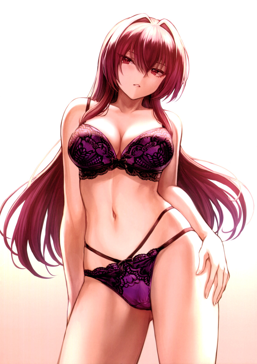 1girl absurdres arms_at_sides ass_visible_through_thighs blush bra breasts brown_hair cleavage cowboy_shot eyebrows_visible_through_hair fate/grand_order fate_(series) gradient gradient_background hair_between_eyes hair_intakes highres lace lace-trimmed_bra lace_bra lace_panties large_breasts lingerie long_hair mashu_003 multi-strapped_panties navel panties parted_lips purple_bra purple_hair purple_panties red_eyes scan scathach_(fate)_(all) scathach_(fate/grand_order) signature simple_background solo standing underwear underwear_only