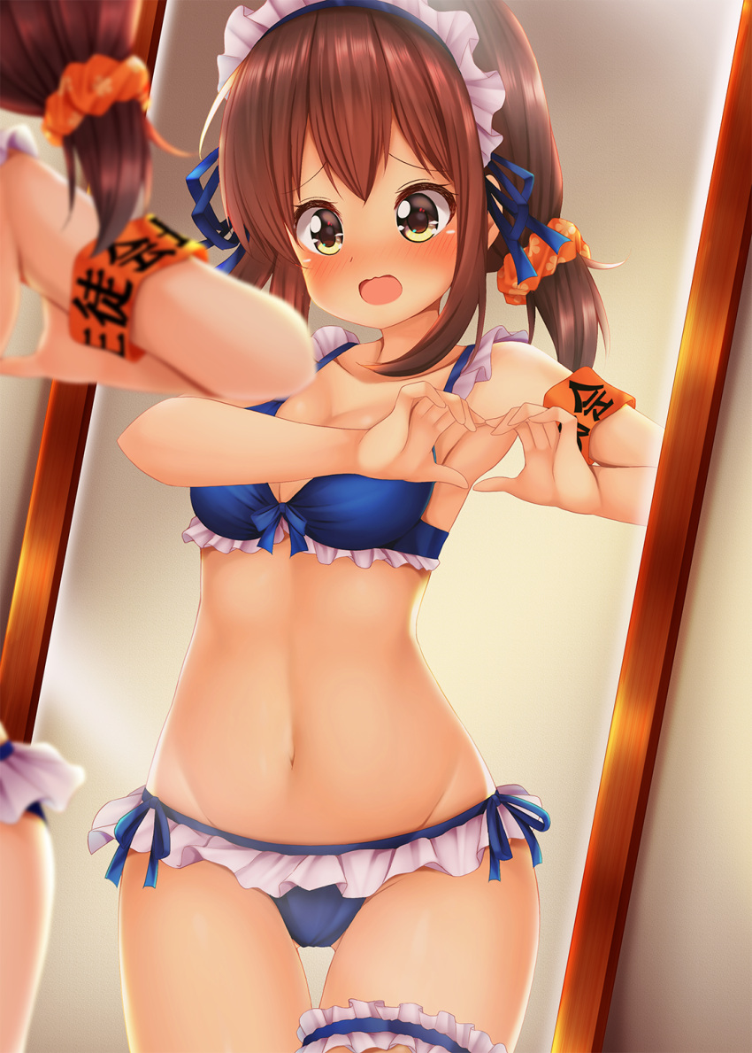 1girl armband armpits bare_shoulders bikini blue_bikini blue_ribbon blush breasts brown_eyes brown_hair cleavage commentary_request floral_print frilled_bikini frills from_behind hair_ornament hair_scrunchie hands_up heart heart_hands highres leg_garter long_hair low_twintails maid maid_bikini maid_headdress medium_breasts minato_(ojitan_gozaru) navel nose_blush open_mouth orange_scrunchie original reflection ribbon scrunchie short_twintails side-tie_bikini sidelocks solo stomach swimsuit translated twintails