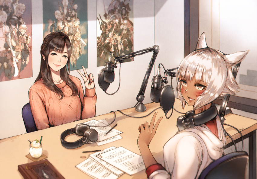 2girls absurdres animal_ears black_hair blush book brown_eyes cat_ears commentary_request facial_mark final_fantasy final_fantasy_xiv grey_eyes haimerejzero headphones highres hood hood_down hoodie indoors kayano_ai long_hair looking_at_viewer looking_back microphone miqo'te multiple_girls open_mouth poster_(object) recording_studio seiyuu seiyuu_connection short_hair silver_hair sitting smile sweater v window y'shtola