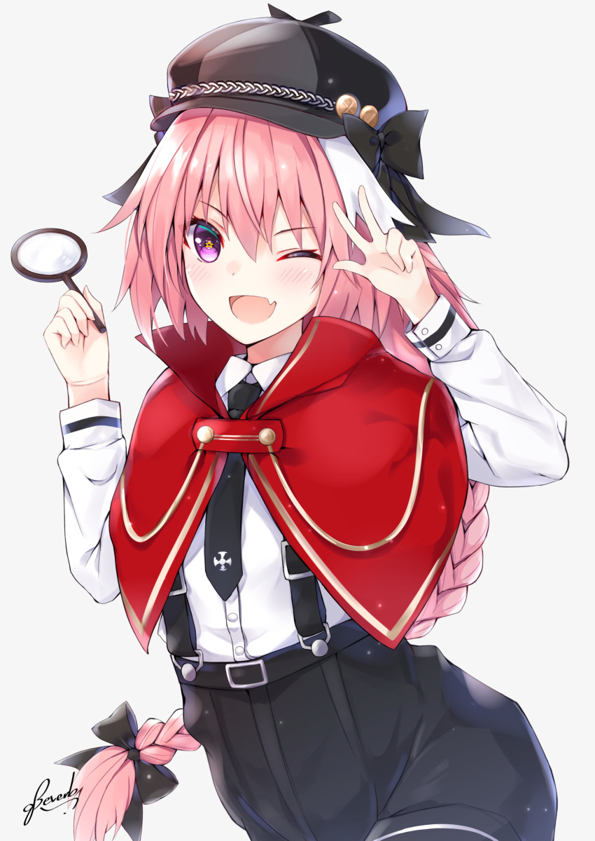 1boy ;d absurdres alternate_costume astolfo_(fate) bee_doushi black_hat black_neckwear black_ribbon blush braid capelet commentary_request eyebrows_visible_through_hair fang fate/apocrypha fate_(series) grey_background hair_ribbon hat highres long_hair long_sleeves magnifying_glass male_focus necktie one_eye_closed open_mouth otoko_no_ko pink_hair ribbon shirt signature simple_background single_braid smile solo v violet_eyes white_shirt