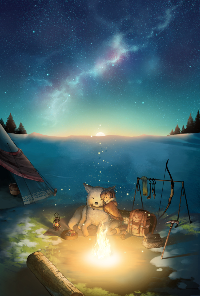 1girl backpack bag bow camp campfire dog fire happy highres hug lantern log machika_(mukulife) outdoors sitting sky star_(sky) starry_sky sunrise tent