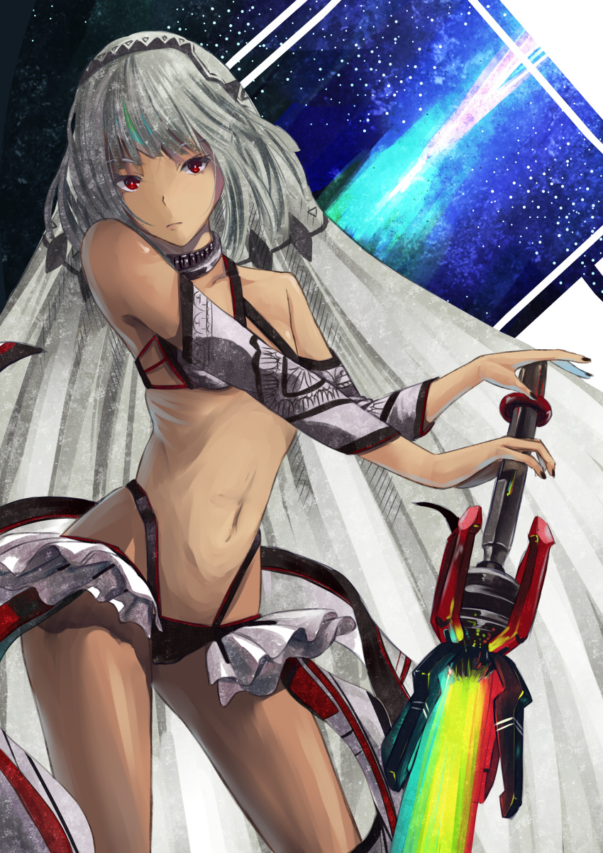 1girl absurdres altera_(fate) bangs bare_shoulders black_nails breasts closed_mouth collarbone dark_skin detached_sleeves fate/grand_order fate_(series) fingernails grey_hair headdress highres hips holding holding_sword holding_weapon jewelry looking_at_viewer midriff miso_oden nail_polish navel photon_ray red_eyes revealing_clothes ribs short_hair showgirl_skirt skirt small_breasts solo standing stomach sword tan thighs veil weapon white_skirt