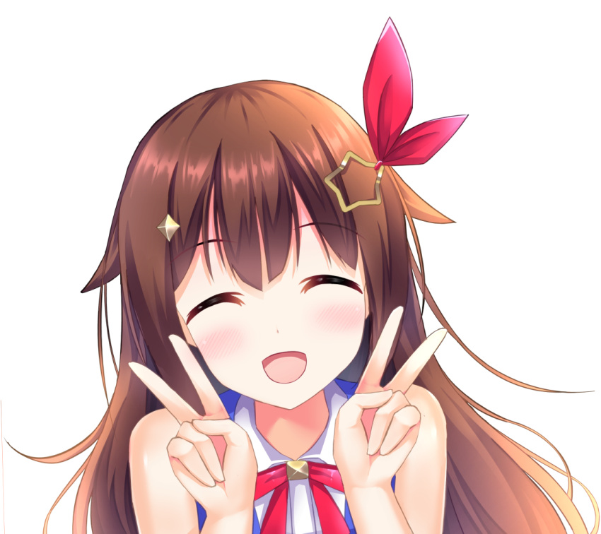 1girl :d ^_^ blush brown_hair closed_eyes closed_eyes commentary_request double_v eyebrows_visible_through_hair hair_ornament hair_ribbon long_hair open_mouth red_ribbon ribbon rocky0206 simple_background sleeveless smile solo star star_hair_ornament tokino_sora tokino_sora_channel upper_body v virtual_youtuber white_background
