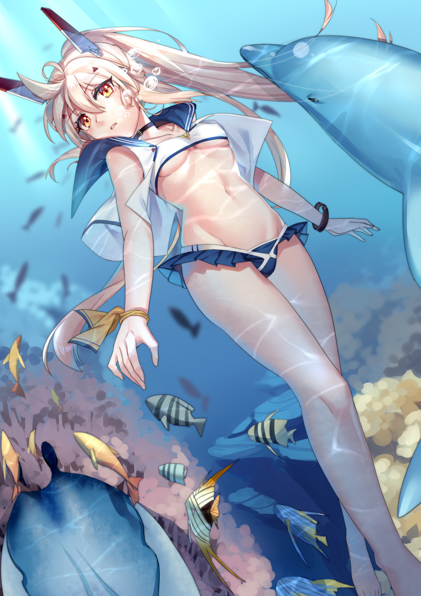 1girl absurdres adapted_costume aer_(tengqiu) ayanami_(azur_lane) azur_lane bare_shoulders bikini bikini_skirt black_choker blue_bikini_bottom bracelet breasts bubble caustics choker collarbone commentary_request day dolphin eyebrows_visible_through_hair fish freediving full_body groin hair_between_eyes handkerchief headgear highres jewelry light_brown_hair light_rays long_hair looking_at_viewer medium_breasts navel orange_eyes outdoors parted_lips ponytail remodel_(azur_lane) school_uniform serafuku shirt sleeveless sleeveless_shirt solo sunbeam sunlight swimsuit under_boob underwater very_long_hair white_bikini_top white_shirt