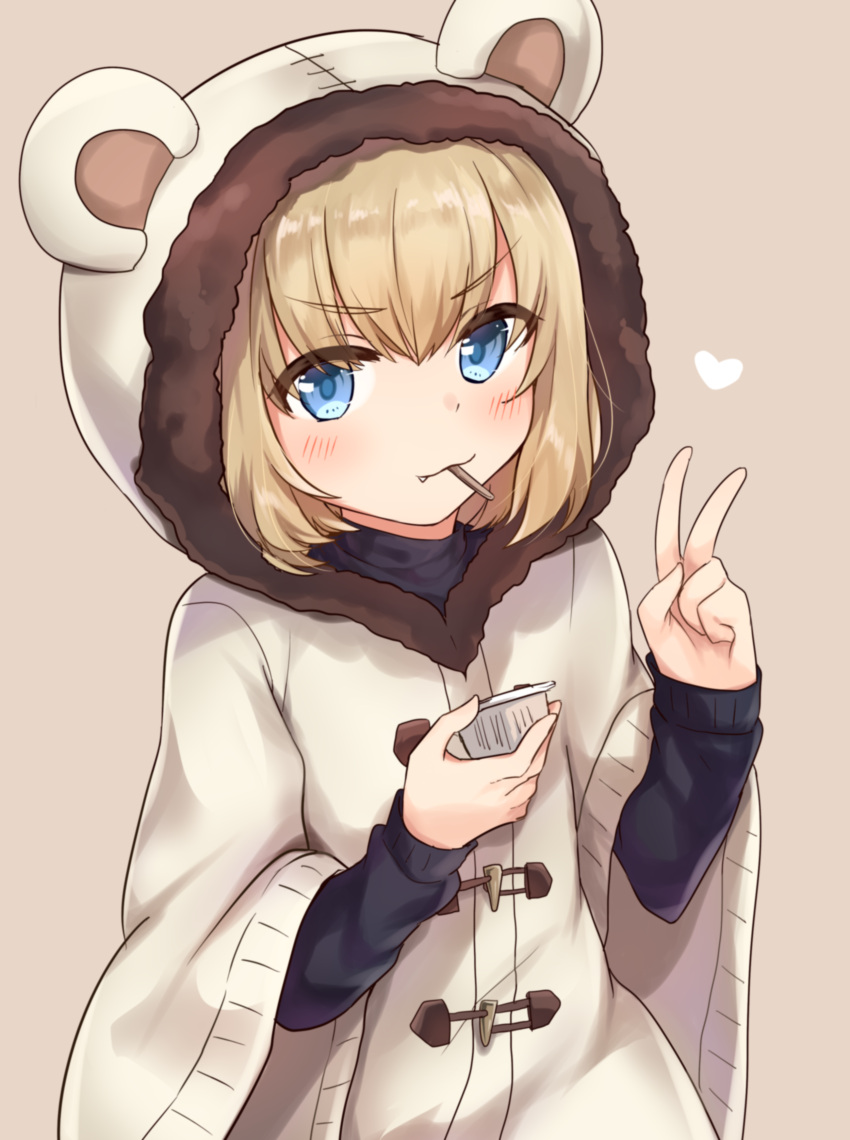 1girl :3 absurdres animal_hood bangs bear_hood black_shirt blonde_hair blue_eyes blush brown_background brown_coat closed_mouth coat commentary eyebrows_visible_through_hair fang food girls_und_panzer hair_between_eyes heart highres holding holding_food hood hooded_coat katyusha koretsuna long_sleeves looking_at_viewer mouth_hold shirt short_hair simple_background smile solo standing upper_body v wide_sleeves
