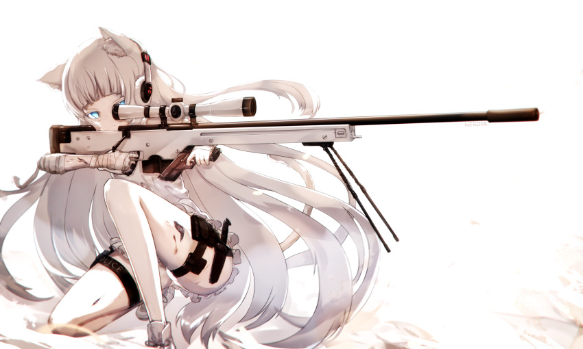 1girl ai_arctic_warfare animal_ear_fluff animal_ears awp_(girls_frontline) bandage bandaged_arm bandages bare_shoulders blue_eyes bolt_action boots cat_ears commentary_request cuts dress dyolf girls_frontline gun handgun highres holding holding_gun holding_weapon holster injury long_hair original pale_skin panties panties_under_pantyhose pantyhose parted_lips pistol rifle scope silver_hair sleeveless sleeveless_dress sniper_rifle solo suppressor thigh_holster thigh_strap torn_clothes torn_pantyhose underwear very_long_hair weapon weapon_request white_background white_dress white_footwear white_legwear