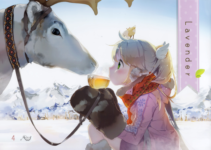 1girl absurdres animal animal_on_head anmi bird bird_on_head blonde_hair blush day drinking earmuffs eye_contact eyebrows_visible_through_hair from_side fur_gloves green_eyes highres holding leash long_sleeves looking_at_another mittens mountainous_horizon on_head original outdoors ponytail profile red_scarf reindeer scarf sitting sky snow