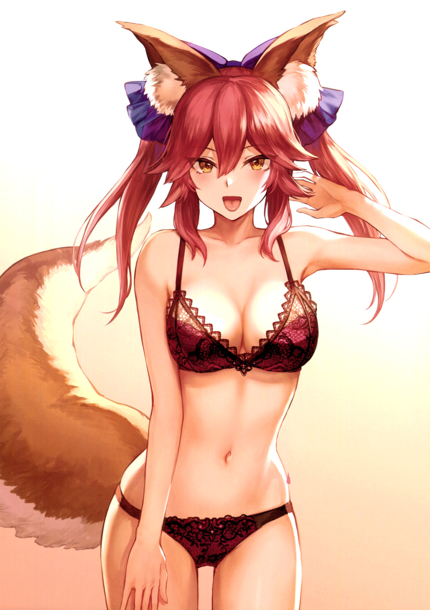 1girl :d absurdres animal_ear_fluff animal_ears arm_up armpits bangs bare_shoulders bow bra breasts cleavage collarbone cowboy_shot eyebrows_visible_through_hair fate/grand_order fate_(series) fox_ears fox_tail gradient gradient_background hair_between_eyes hair_bow highres lace_trim lingerie long_hair mashu_003 medium_breasts navel open_mouth panties pink_bra pink_hair pink_panties scan sidelocks smile solo tail tamamo_(fate)_(all) tamamo_no_mae_(fate) tsurime twintails underwear underwear_only yellow_eyes
