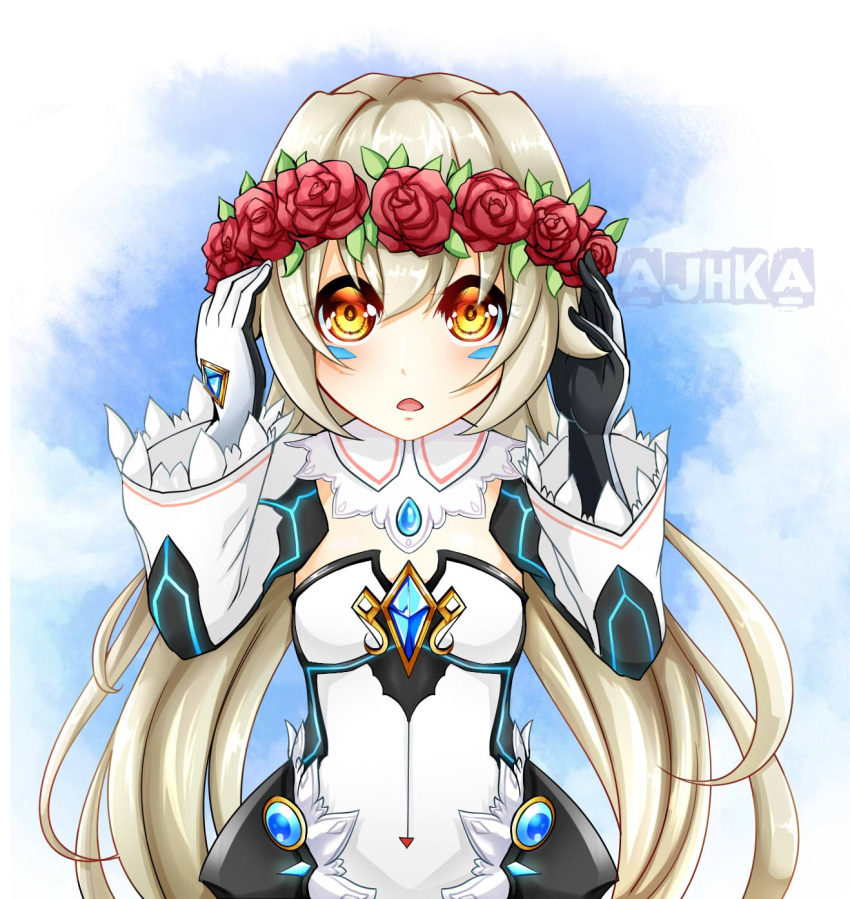 1girl azukakaka blush code:_battle_seraph_(elsword) elsword eve_(elsword) facial_mark gem gloves hands_on_own_head head_wreath highres long_hair open_mouth sidelocks silver_hair yellow_eyes