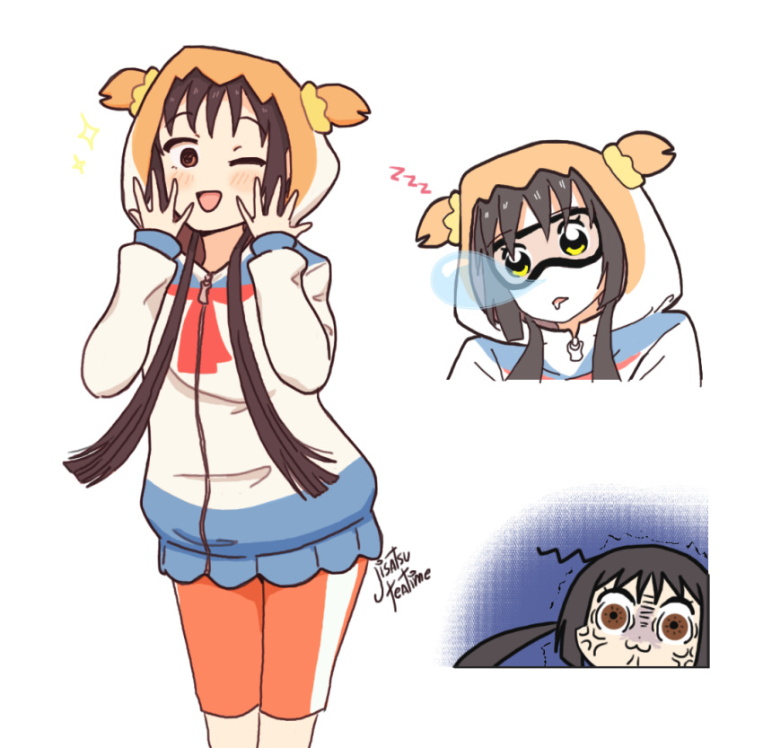1girl ;d angry asobi_asobase bangs blush brown_eyes brown_hair cosplay eye_mask hands_on_own_cheeks hands_on_own_face hood hoodie long_sleeves one_eye_closed open_mouth poptepipic popuko saliva shiny shiny_hair shorts signature smile solo sparkle standing track_suit twintails white_background yui_(jisatsu) zipper zzz