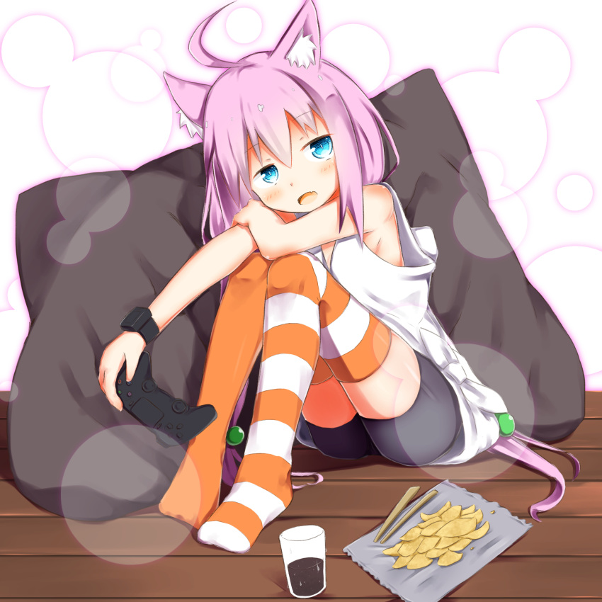 1girl ahoge animal_ears ass bangs bare_arms bare_shoulders bike_shorts black_shorts blue_eyes blush cat_ears chips chopsticks commentary_request controller cup drink drinking_glass eyebrows_visible_through_hair fang food game_controller hair_between_eyes hair_bobbles hair_ornament highres hinata_channel holding long_hair looking_at_viewer mismatched_legwear nekomiya_hinata no_shoes on_floor open_mouth orange_legwear pillow pink_hair potato_chips short_shorts shorts sitting solo striped striped_legwear su_guryu tank_top thigh-highs very_long_hair virtual_youtuber white_background white_tank_top wooden_floor