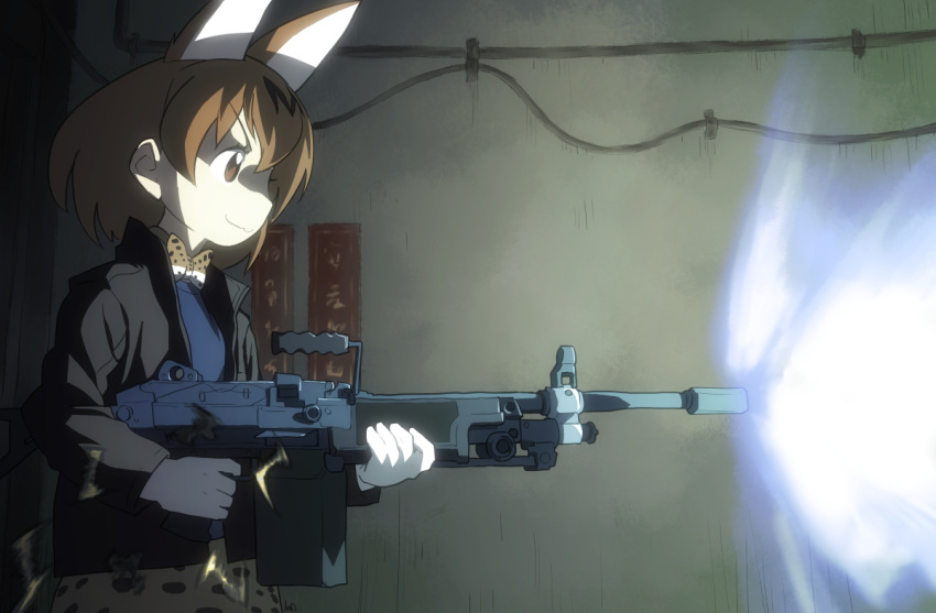 1girl :3 animal_ears black_jacket black_shirt closed_mouth commentary extra_ears from_side ghost_in_the_shell:_innocence gloves gun holding holding_gun holding_weapon indoors jacket kemono_friends looking_to_the_side print_neckwear print_skirt serval_(kemono_friends) serval_ears serval_print serval_tail shaded_face shirt skirt sleeveless smirk solo standing striped_tail tail tessaku_ro upper_body v-shaped_eyebrows weapon weapon_request white_gloves yellow_neckwear yellow_skirt