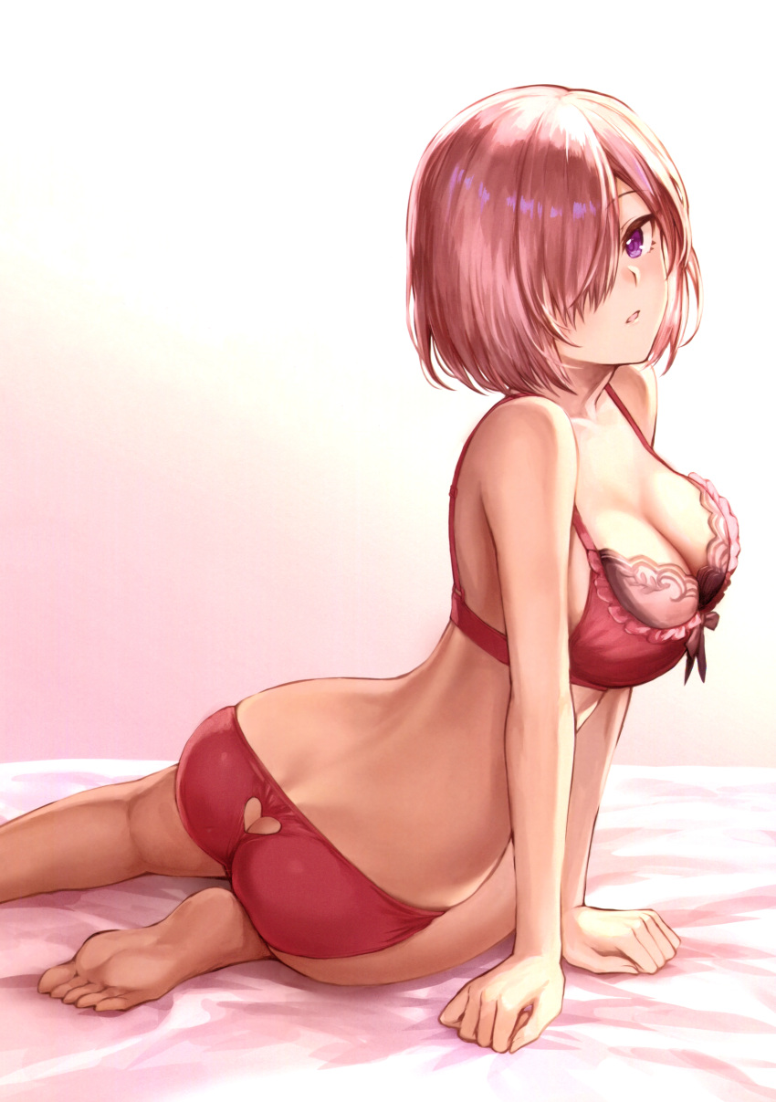 1girl absurdres arched_back arm_support ass ass_cutout back bangs bare_shoulders barefoot bed_sheet black_bow blush bow bow_bra bra breasts butt_crack cleavage fate/grand_order fate_(series) gradient gradient_background hair_over_one_eye heart_cutout highres lingerie looking_at_viewer mash_kyrielight mashu_003 medium_breasts panties parted_lips pink_bra pink_hair pink_panties scan shiny shiny_hair short_hair sitting soles solo toes tsurime underwear underwear_only violet_eyes yokozuwari