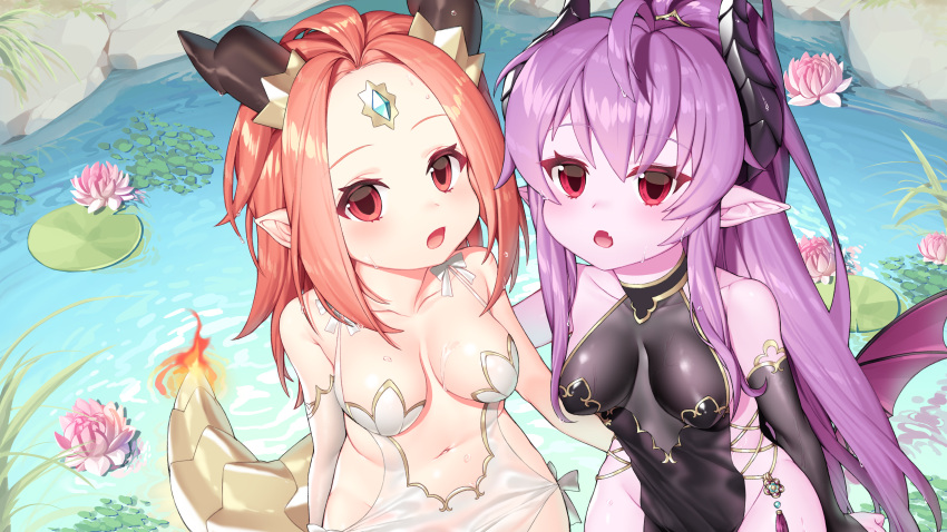 2girls absurdres afloat ahoge bangs black_dress black_gloves blush breasts commentary_request copyright_request day demon_girl demon_horns demon_wings dragon_girl dragon_horns dragon_tail dress elbow_gloves eyebrows_visible_through_hair fang flower forehead_jewel gloves groin hair_between_eyes hair_ornament halter_dress high_ponytail highres horns ia_(ias1010) lily_pad long_hair lotus medium_breasts multiple_girls navel open_mouth outdoors parted_bangs pink_flower pink_skin pointy_ears ponytail purple_hair red_eyes red_wings redhead single_elbow_glove sleeveless sleeveless_dress tail tail-tip_fire very_long_hair water wet white_dress white_gloves wings