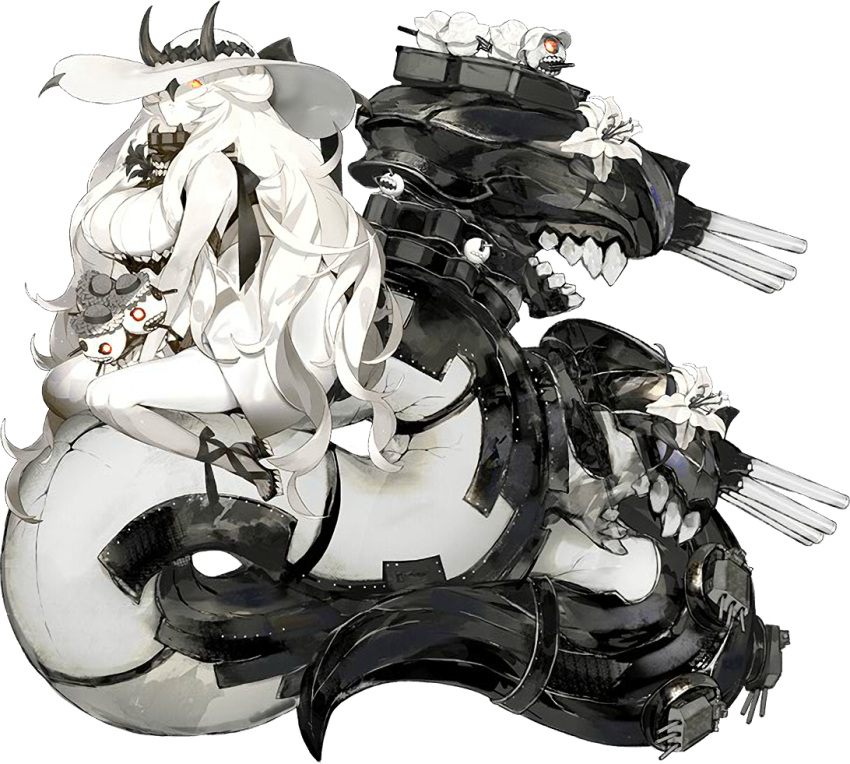 1girl akira_(kadokawa) alternate_costume armor black_bow black_ribbon bow breasts cleavage flower_request french_battleship_hime glowing glowing_eyes hat hat_horns high_heels kantai_collection large_breasts large_hat large_tail legs long_hair mini_hat official_art orange_eyes parted_lips ribbon shinkaisei-kan snake_tail solo sun_hat tail teeth turret v_arms very_long_hair white_hair white_skin