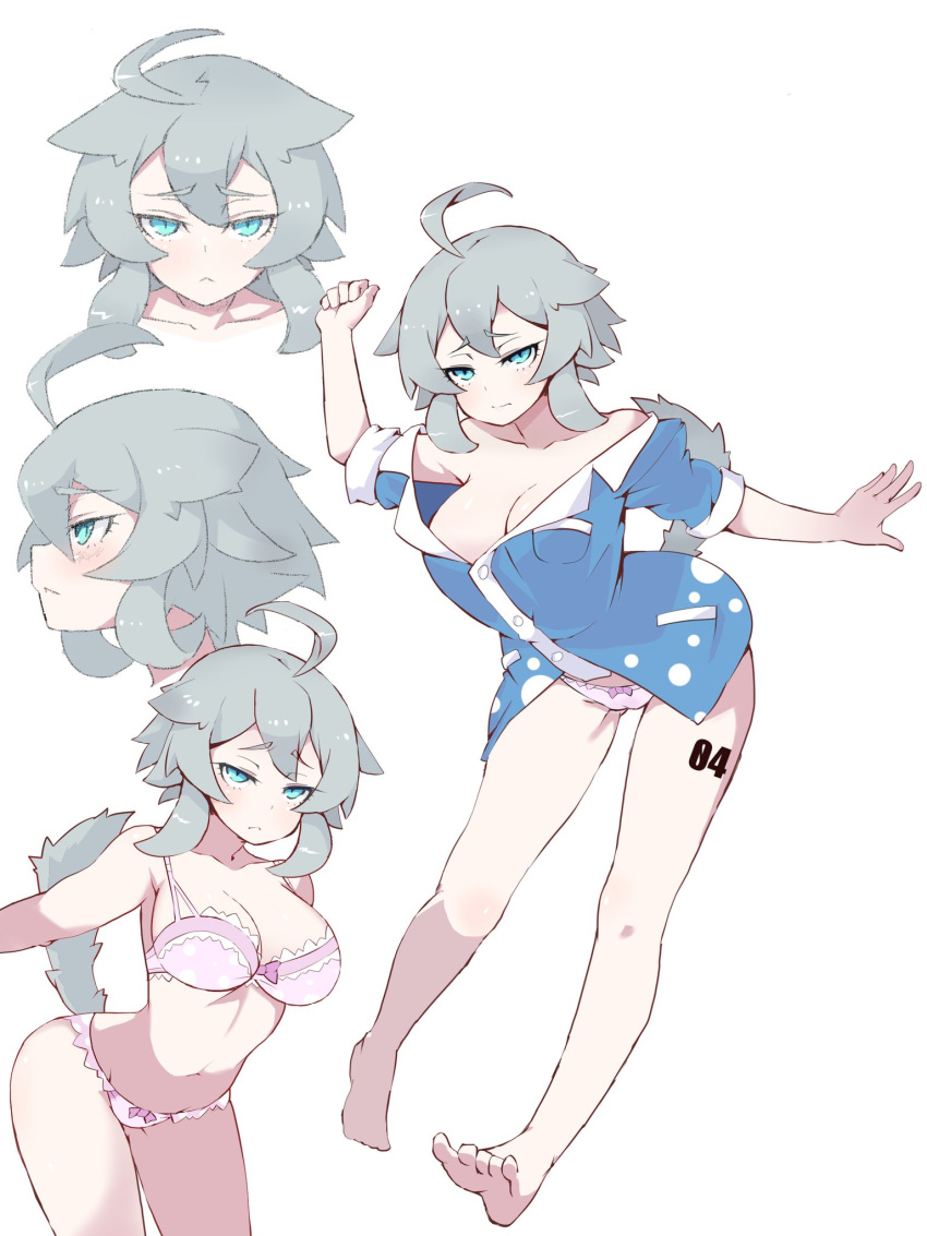 1girl :&lt; ahoge aqua_eyes arm_up bare_legs bare_shoulders blue_shirt bottomless bow bow_bra bra breast_pocket breasts character_sheet cleavage collarbone collared_shirt full_body grey_hair hair_between_eyes hair_flaps half-closed_eyes highres inukaze_yamu jitome leaning_forward medium_breasts multiple_views naked_shirt navel off_shoulder original pajamas panties pink_bra pink_panties pocket shirt short_eyebrows short_hair sidelocks simple_background sleeves_rolled_up tail thigh_tattoo underwear underwear_only white_background