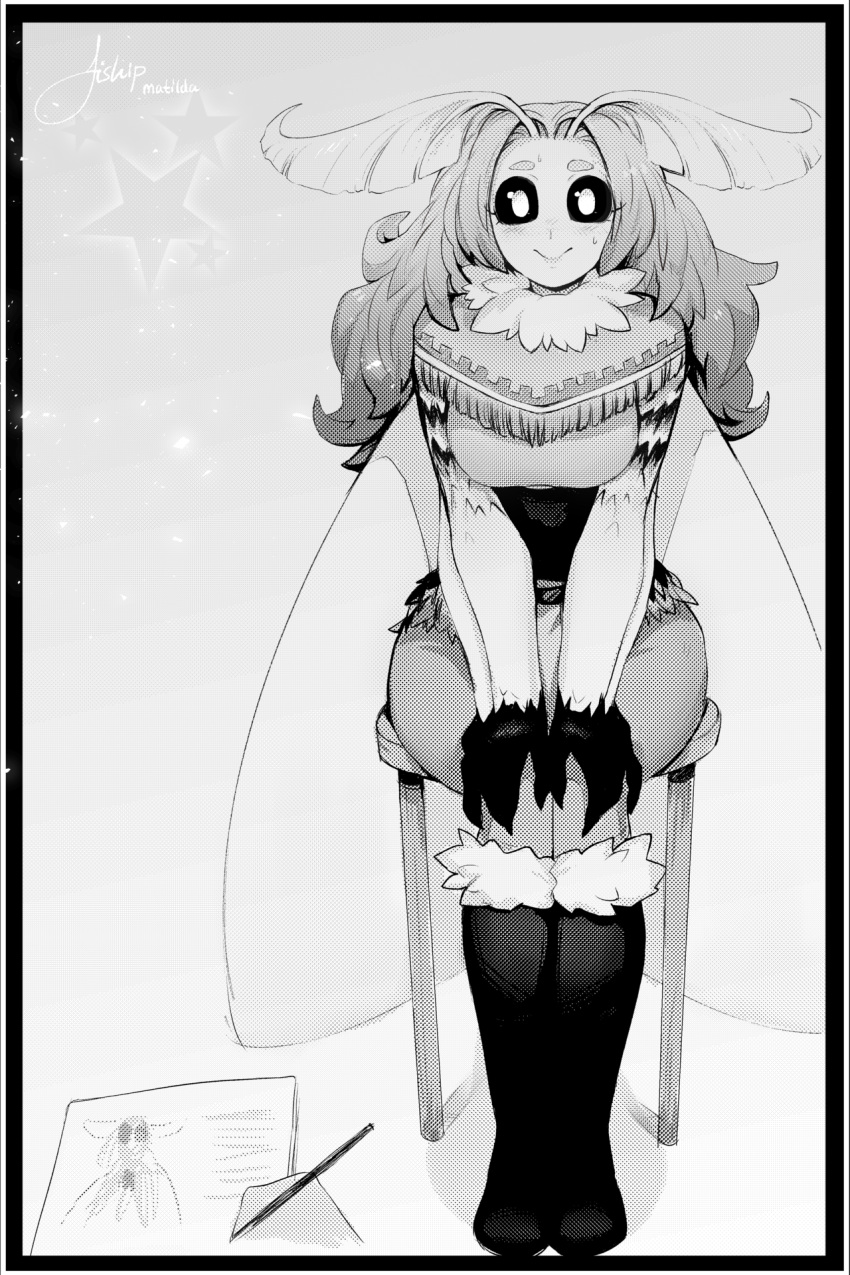 1girl antennae artist_name black_sclera blush boots border capelet commentary english_commentary fur-trimmed_boots fur_collar fur_trim greyscale hands_on_own_knees highres knee_boots long_hair looking_at_viewer matilda_vin monochrome monster_girl moth_girl moth_wings mother_lumi original sitting smile solo star stool wings