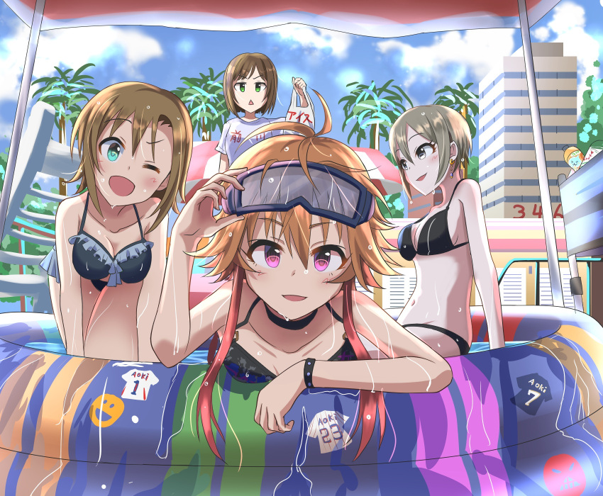 4girls :d ;d all_fours arm_support bag bikini black_bikini blue_sky blush breasts brown_hair cleavage clouds collarbone day earrings eyebrows_visible_through_hair frilled_bikini frills green_eyes grey_eyes groin hair_between_eyes haruki_(haruki678) head_tilt highres holding holding_bag idolmaster idolmaster_cinderella_girls jewelry looking_at_viewer maekawa_miku medium_breasts multicolored_hair multiple_girls navel ninomiya_asuka one_eye_closed open_mouth outdoors plastic_bag shiny shiny_hair shiomi_shuuko shirt short_hair short_hair_with_long_locks short_sleeves sideboob sidelocks silver_hair sitting sky smile standing swimsuit tada_riina two-tone_hair violet_eyes wading_pool white_shirt