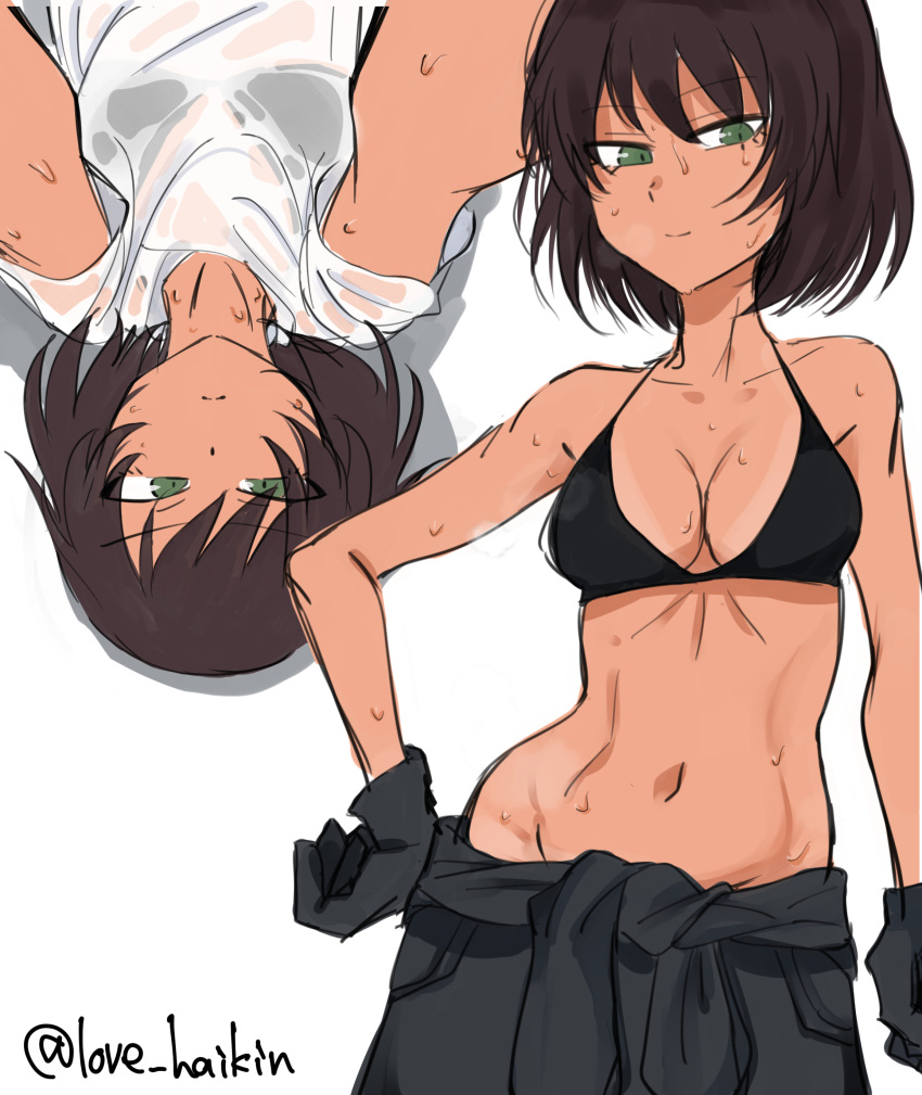 1girl absurdres bangs black_bikini_top black_gloves black_pants breasts brown_hair cleavage closed_mouth commentary dark_skin eyebrows_visible_through_hair from_above girls_und_panzer gloves green_eyes half-closed_eyes highres hoshino_(girls_und_panzer) looking_at_viewer lying mechanic medium_breasts multiple_views navel on_back pants shirt shirt_pull short_hair simple_background sketch smile solo standing sweat tied_shirt toku_(yhpv8752) twitter_username upper_body white_background white_shirt