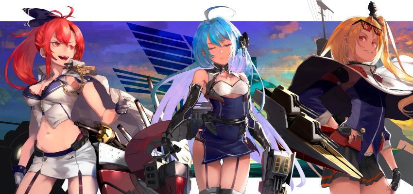 3girls absurdres ahoge aiguillette armpits azur_lane bangs bare_shoulders black_gloves blonde_hair blue_hair breasts cannon capelet cleavage cleveland_(azur_lane) collarbone cowboy_shot deal_with_it dress elbow_gloves expressionless eyebrows_visible_through_hair eyewear_on_head fingerless_gloves garter_straps gloves hair_between_eyes hair_ornament half-closed_eyes hat helena_(azur_lane) highres kumonji_aruto large_breasts letterboxed long_hair looking_at_viewer machinery medium_breasts midriff miniskirt multiple_girls navel one_side_up open_mouth parted_bangs parted_lips pleated_skirt ponytail red_eyes redhead rigging shirt sidelocks skirt small_breasts smile stomach sunglasses thigh-highs thighs turret very_long_hair violet_eyes white_gloves wichita_(azur_lane)