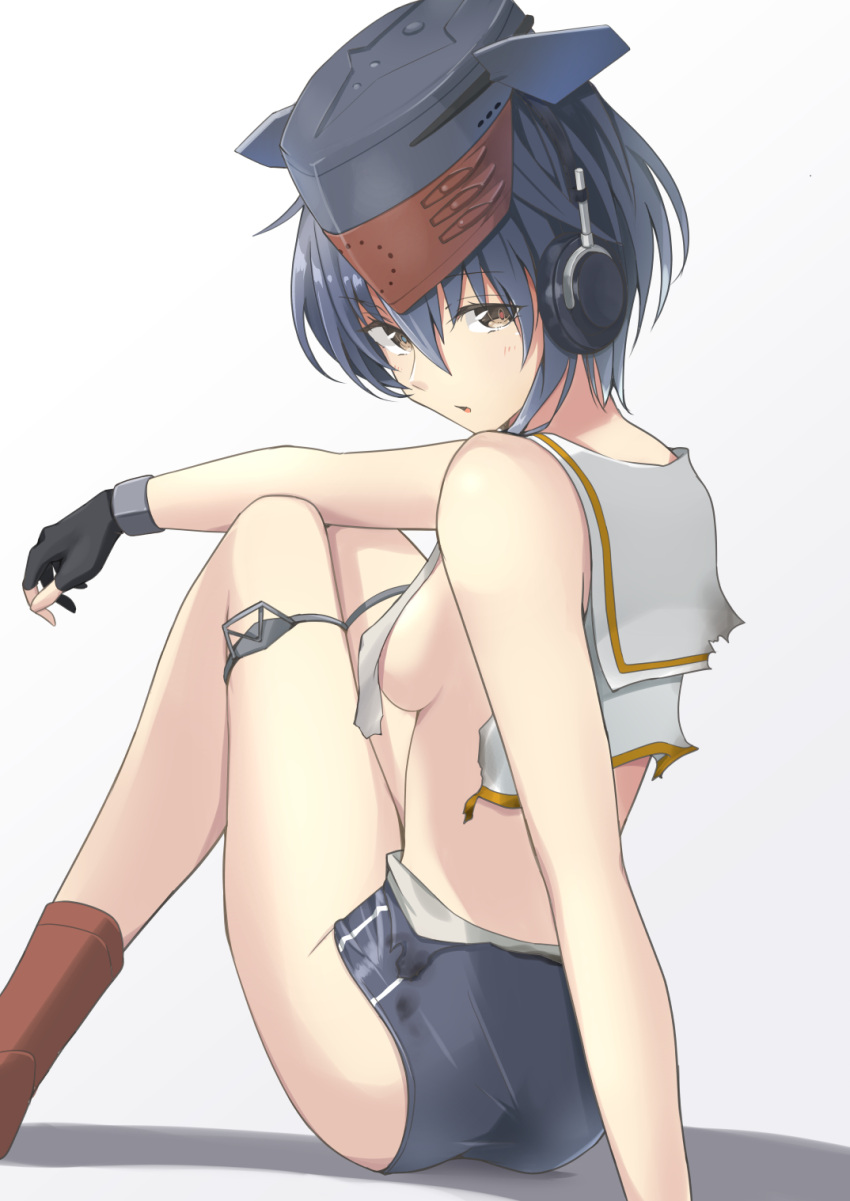 1girl arm_support ass asymmetrical_hair bare_shoulders black_hair blush boots breasts brown_eyes brown_footwear damaged eyebrows_visible_through_hair from_behind gloves gradient gradient_background hair_between_eyes hat head_tilt headphones high_heel_boots high_heels highres i-13_(kantai_collection) kantai_collection knees_up looking_at_viewer looking_back negahami one-piece_swimsuit open_mouth partly_fingerless_gloves sailor_collar school_swimsuit short_hair simple_background single_glove sitting solo swimsuit torn_clothes torn_swimsuit tsurime