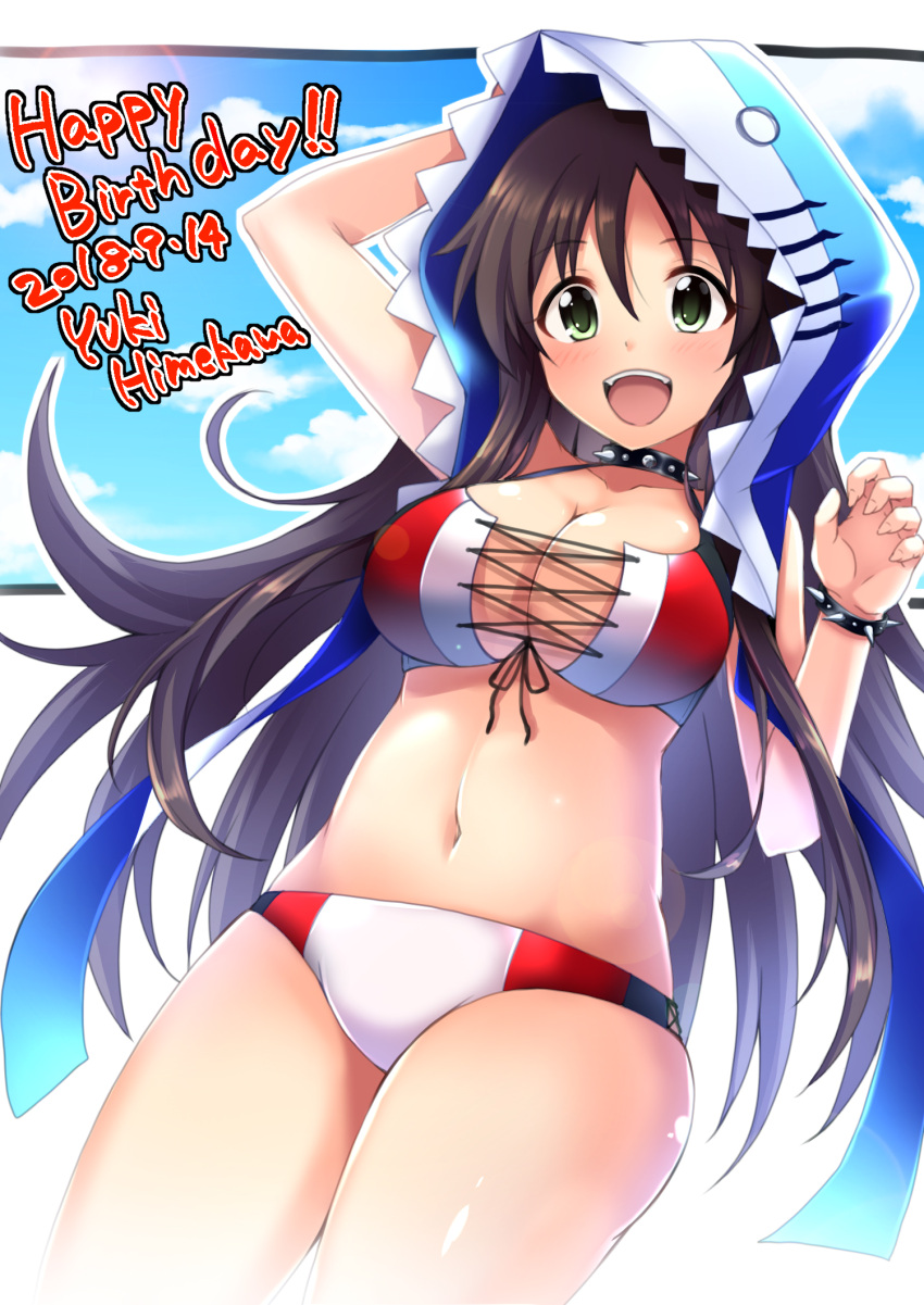 1girl :d animal_hood arm_up bangs bikini black_choker black_ribbon blue_sky blush bracelet breasts brown_hair character_name choker cleavage clouds commentary_request cowboy_shot cross-laced_clothes day eyebrows_visible_through_hair fangs fingernails front-tie_bikini front-tie_top green_eyes hair_between_eyes happy_birthday highres himekawa_yuki hood hood_up idolmaster idolmaster_cinderella_girls jewelry large_breasts lens_flare looking_at_viewer navel open_mouth outdoors red_bikini ribbon shark_hood sky smile solo spiked_bracelet spiked_choker spikes stomach swimsuit thighs upper_teeth yunodon_(sugar_maple)