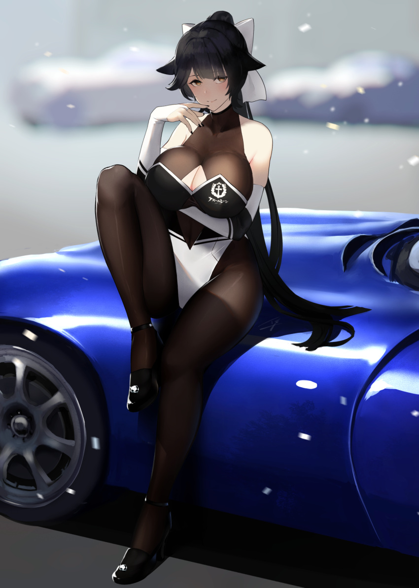 1girl arm_support arm_warmers azur_lane bare_shoulders black_footwear black_hair black_nails blush bow cleavage_cutout finger_to_mouth hair_bow hayabusa highres impossible_clothes leg_up leotard long_hair looking_at_viewer nail_polish navel_cutout on_vehicle pantyhose ponytail sitting solo takao_(azur_lane) white_leotard yellow_eyes