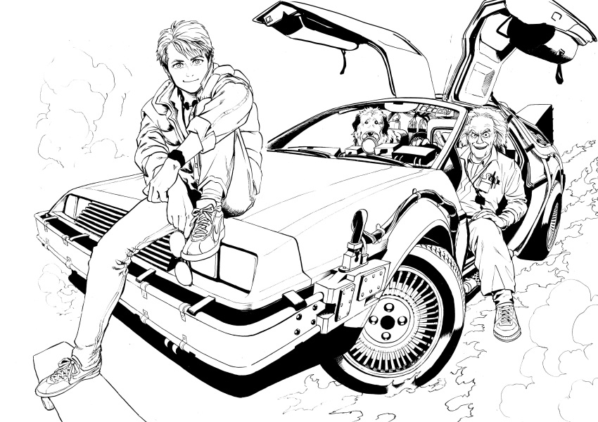 2boys absurdres back_to_the_future car commentary_request delorean dog einstein emmett_brown ground_vehicle hand_on_own_knee highres jacket male_focus marty_mcfly monochrome motor_vehicle multiple_boys murata_yuusuke old_man pen shoes sitting smile sneakers watch watch